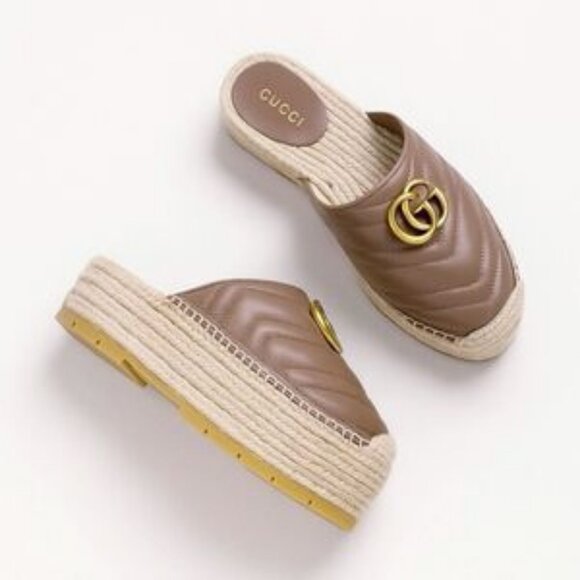 Authentic Gucci Marmont Taupe Leather GG Espadrille Flat Platform Mule 39 US/8.5 - Picture 1 of 14